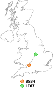 map showing distance between BS34 and LE67