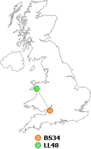 map showing distance between BS34 and LL48