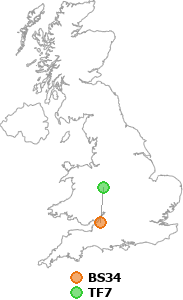 map showing distance between BS34 and TF7