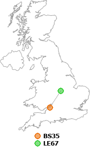 map showing distance between BS35 and LE67