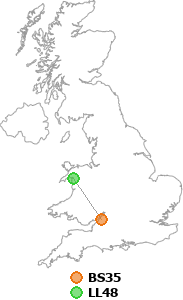 map showing distance between BS35 and LL48