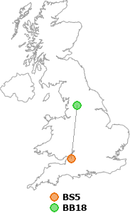 map showing distance between BS5 and BB18