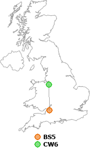 map showing distance between BS5 and CW6