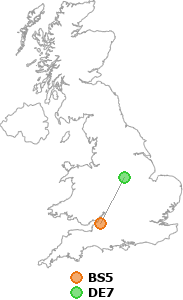 map showing distance between BS5 and DE7