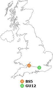 map showing distance between BS5 and GU12