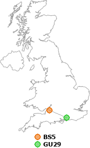 map showing distance between BS5 and GU29