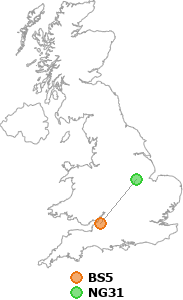 map showing distance between BS5 and NG31