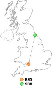 map showing distance between BS5 and SR8