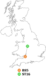 map showing distance between BS5 and ST16