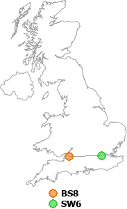 map showing distance between BS8 and SW6