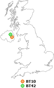 map showing distance between BT10 and BT42