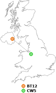 map showing distance between BT12 and CW5