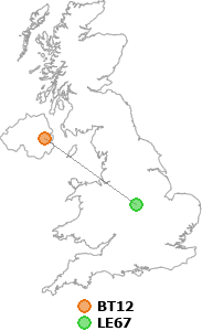 map showing distance between BT12 and LE67