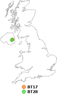 map showing distance between BT17 and BT28