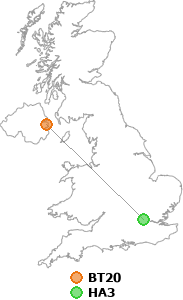 map showing distance between BT20 and HA3