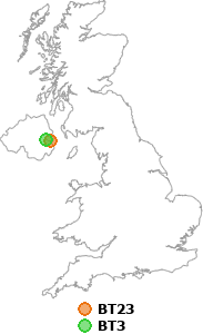 map showing distance between BT23 and BT3