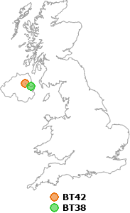 map showing distance between BT42 and BT38