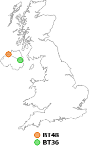 map showing distance between BT48 and BT36