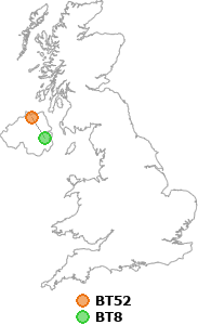 map showing distance between BT52 and BT8