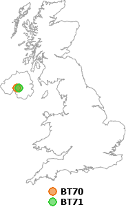 map showing distance between BT70 and BT71