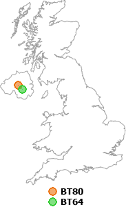map showing distance between BT80 and BT64