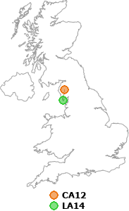 map showing distance between CA12 and LA14