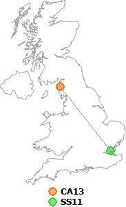 map showing distance between CA13 and SS11