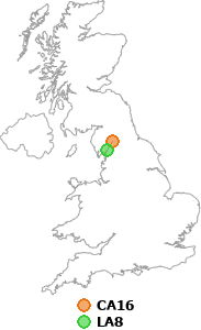 map showing distance between CA16 and LA8