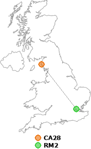 map showing distance between CA28 and RM2