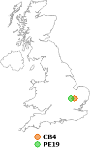 map showing distance between CB4 and PE19