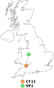 map showing distance between CF11 and SY1