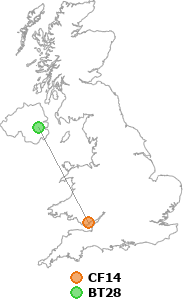map showing distance between CF14 and BT28