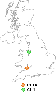 map showing distance between CF14 and CH1