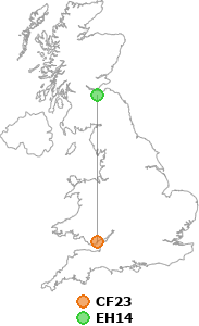 map showing distance between CF23 and EH14