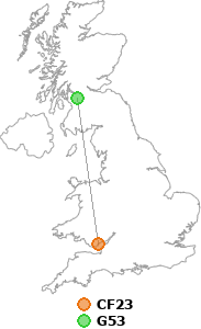 map showing distance between CF23 and G53