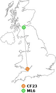 map showing distance between CF23 and ML6