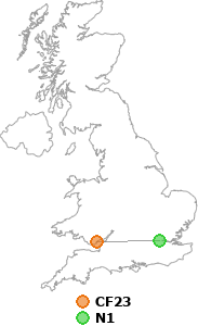 map showing distance between CF23 and N1