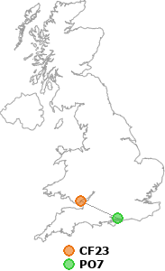 map showing distance between CF23 and PO7