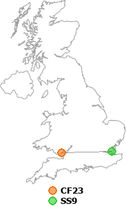map showing distance between CF23 and SS9
