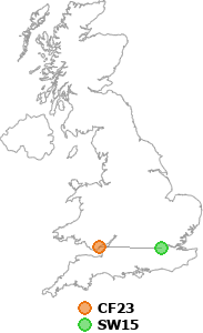 map showing distance between CF23 and SW15