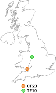 map showing distance between CF23 and TF10