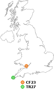 map showing distance between CF23 and TR27