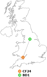 map showing distance between CF24 and BD1