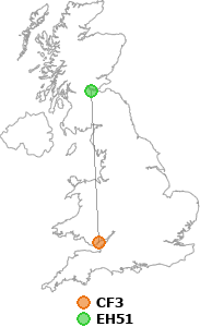 map showing distance between CF3 and EH51