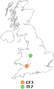 map showing distance between CF3 and TF7