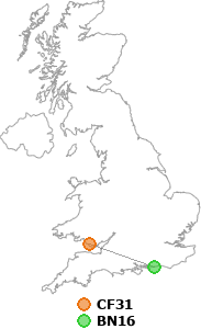 map showing distance between CF31 and BN16