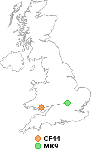 map showing distance between CF44 and MK9