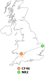 map showing distance between CF46 and NR2