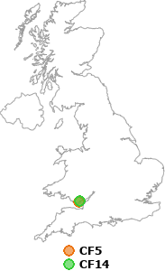 map showing distance between CF5 and CF14