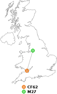map showing distance between CF62 and M27